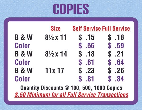 printing prices at Gentilly Mail and Copy Cetner